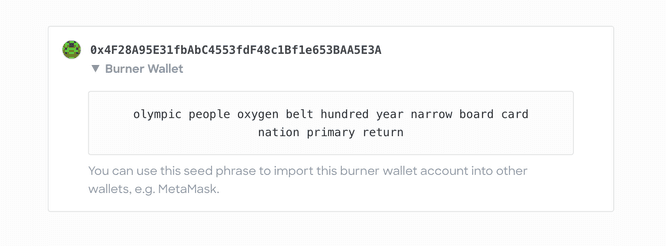 Seed phrase for exporting a burner wallet